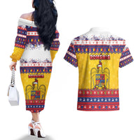 Romania Christmas Couples Matching Off The Shoulder Long Sleeve Dress and Hawaiian Shirt Romanian Masked Santa - Wonder Print Shop