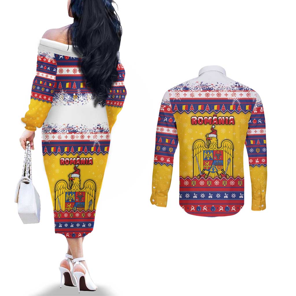 Romania Christmas Couples Matching Off The Shoulder Long Sleeve Dress and Long Sleeve Button Shirt Romanian Masked Santa - Wonder Print Shop