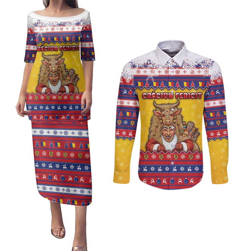 Romania Christmas Couples Matching Puletasi and Long Sleeve Button Shirt Romanian Masked Santa - Wonder Print Shop