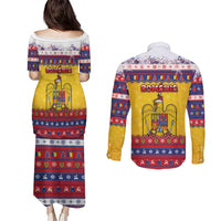 Romania Christmas Couples Matching Puletasi and Long Sleeve Button Shirt Romanian Masked Santa - Wonder Print Shop