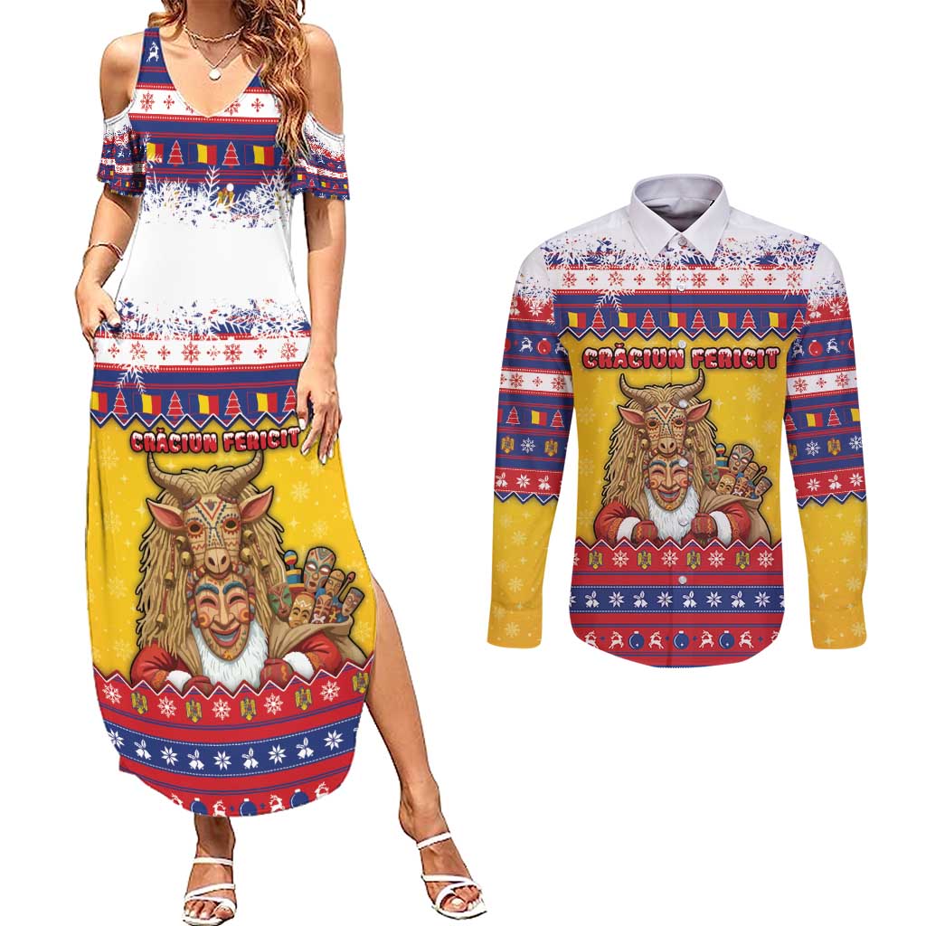 Romania Christmas Couples Matching Summer Maxi Dress and Long Sleeve Button Shirt Romanian Masked Santa - Wonder Print Shop