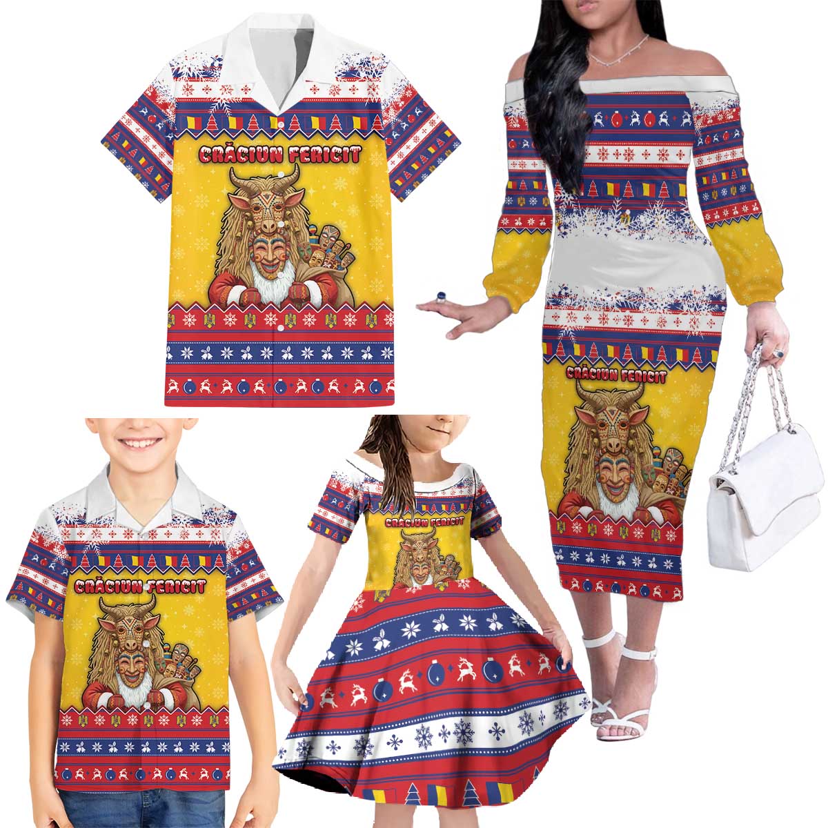 Romania Christmas Family Matching Off The Shoulder Long Sleeve Dress and Hawaiian Shirt Romanian Masked Santa - Wonder Print Shop