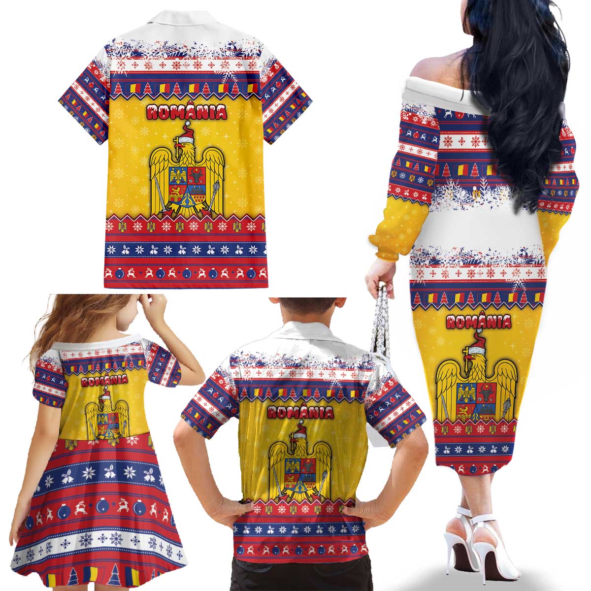 Romania Christmas Family Matching Off The Shoulder Long Sleeve Dress and Hawaiian Shirt Romanian Masked Santa - Wonder Print Shop