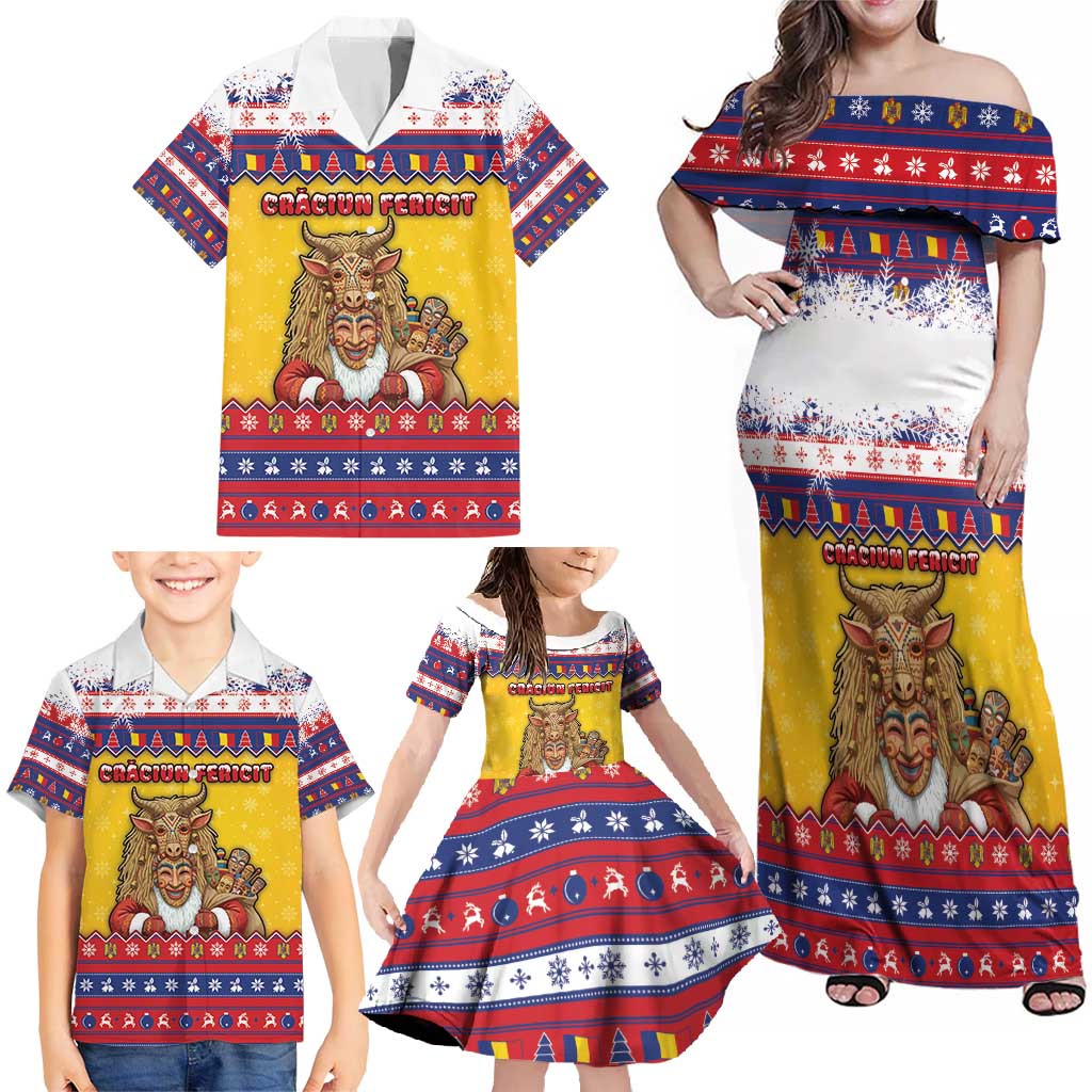 Romania Christmas Family Matching Off Shoulder Maxi Dress and Hawaiian Shirt Romanian Masked Santa - Wonder Print Shop
