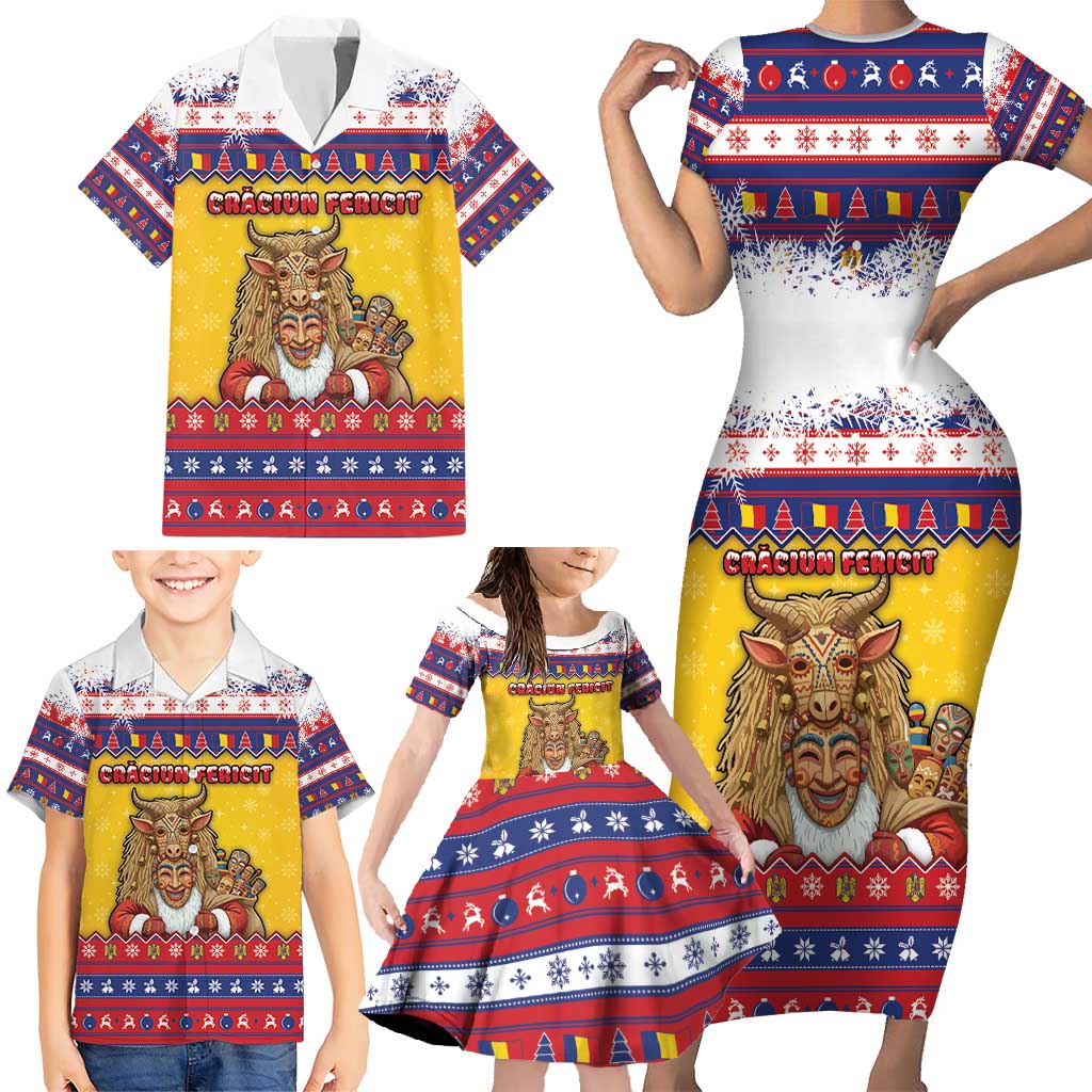 Romania Christmas Family Matching Short Sleeve Bodycon Dress and Hawaiian Shirt Romanian Masked Santa - Wonder Print Shop