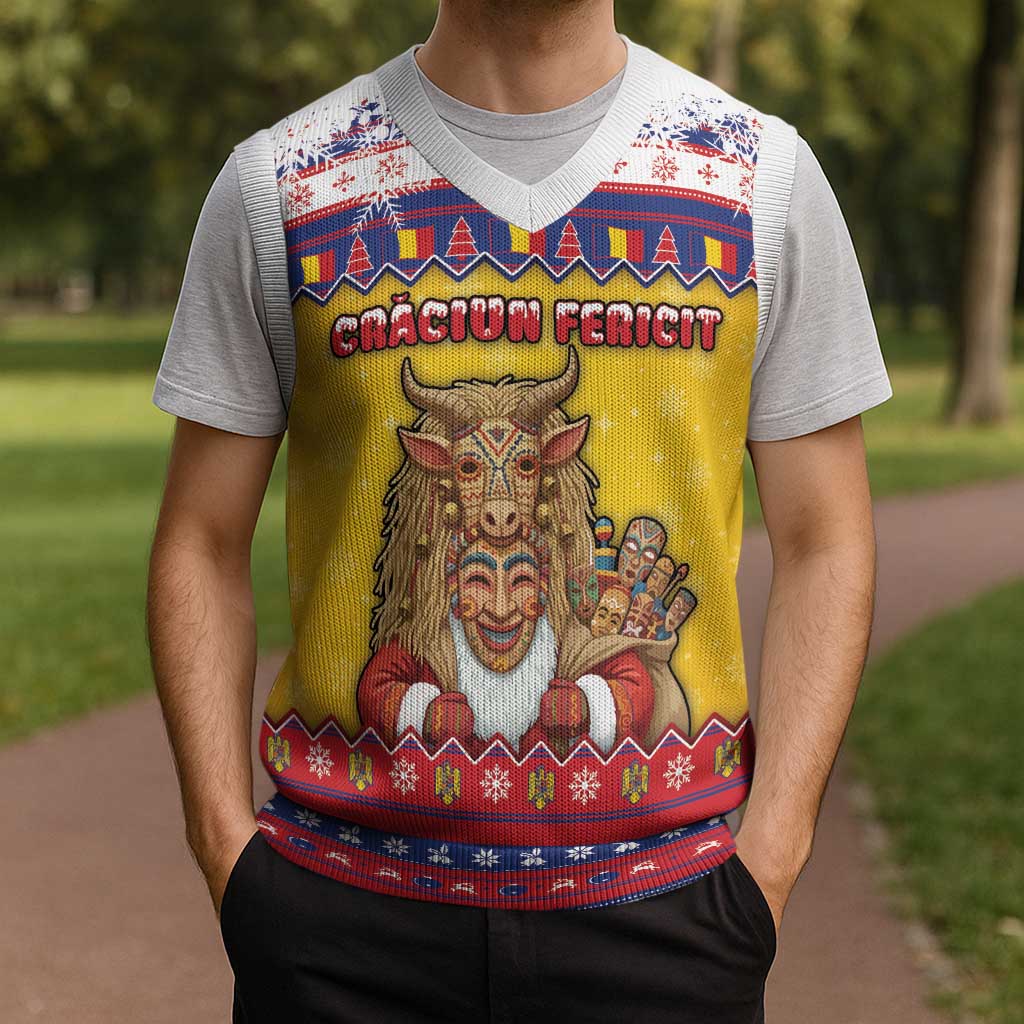 Romania Christmas Knitted V-Neck Vest Romanian Masked Santa - Wonder Print Shop
