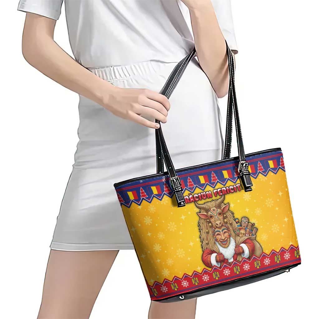 Romania Christmas Leather Tote Bag Romanian Masked Santa - Wonder Print Shop