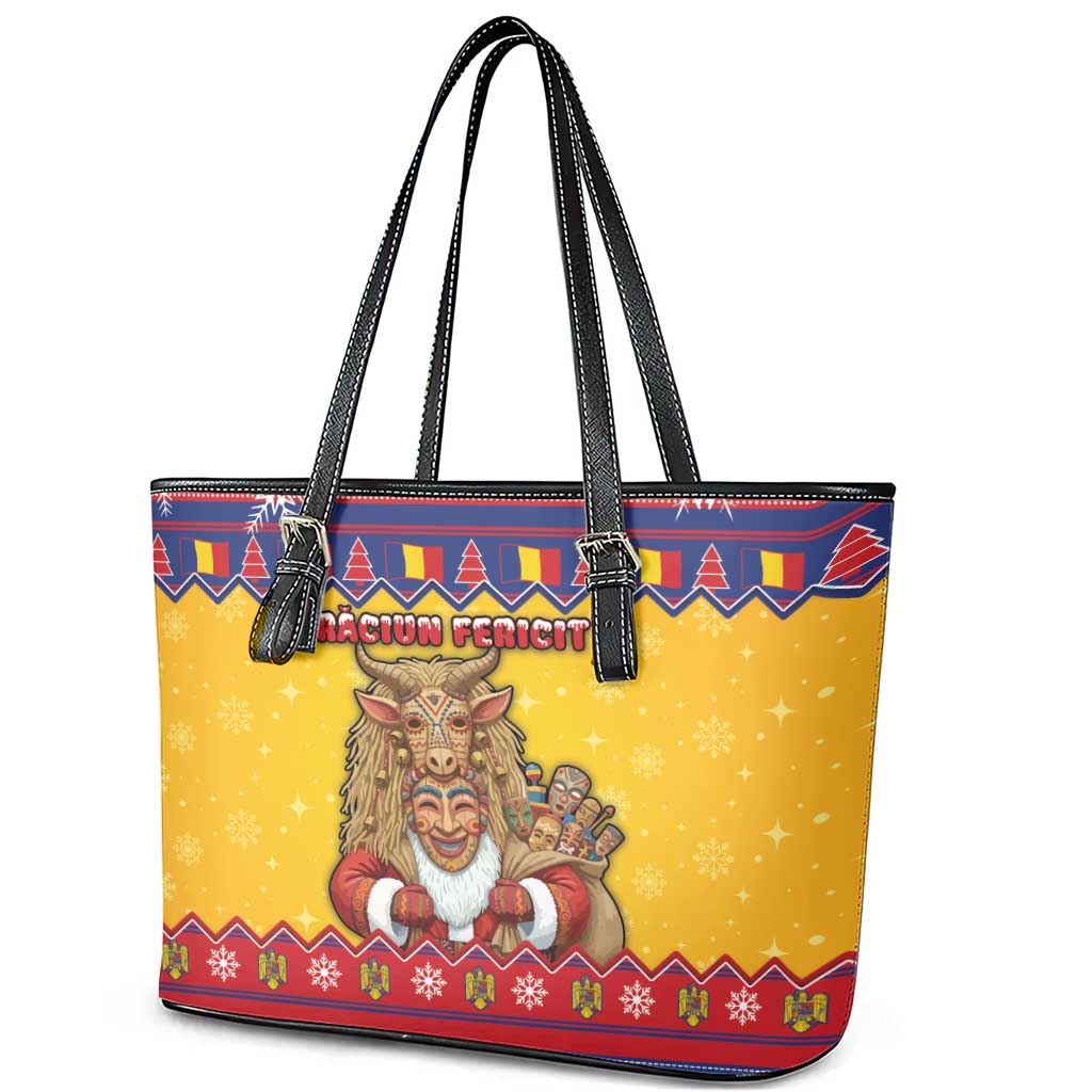 Romania Christmas Leather Tote Bag Romanian Masked Santa - Wonder Print Shop