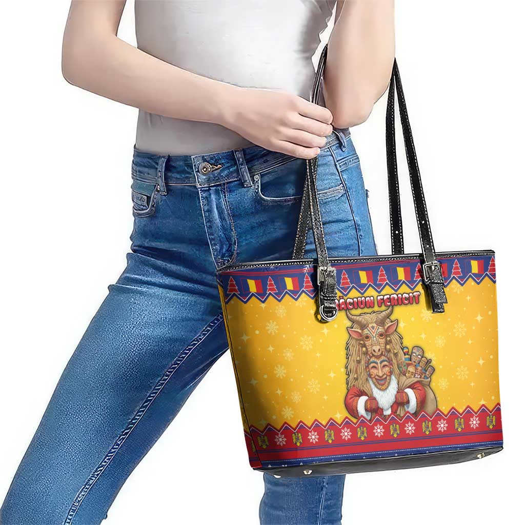 Romania Christmas Leather Tote Bag Romanian Masked Santa - Wonder Print Shop