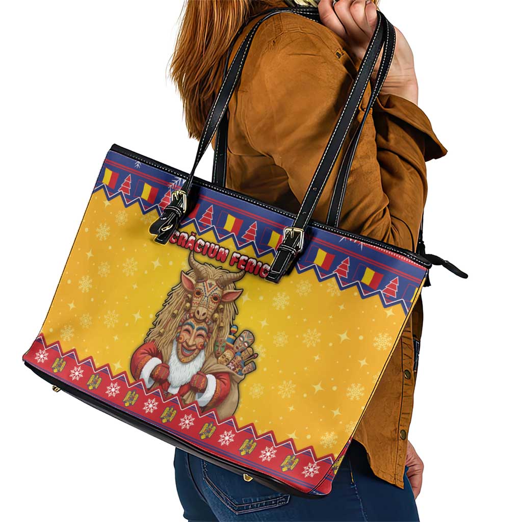 Romania Christmas Leather Tote Bag Romanian Masked Santa - Wonder Print Shop