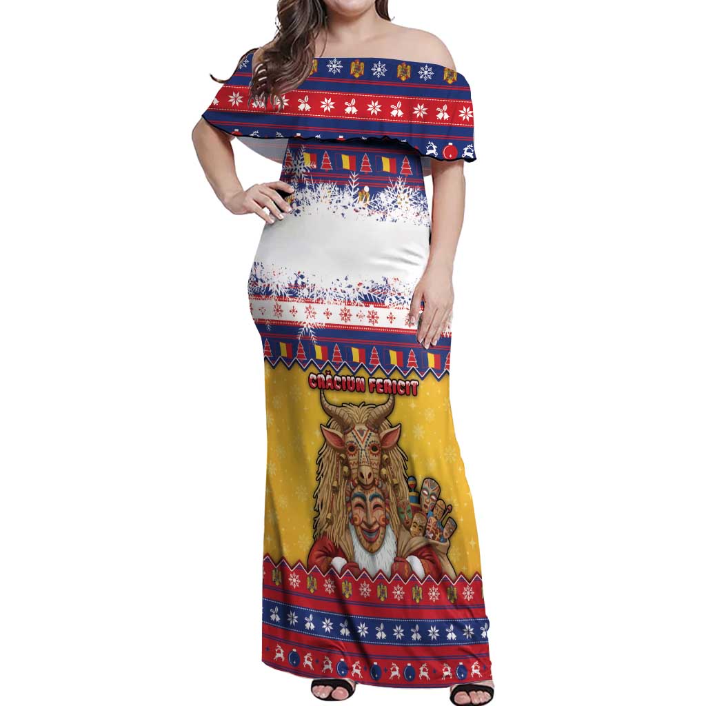 Romania Christmas Off Shoulder Maxi Dress Romanian Masked Santa - Wonder Print Shop