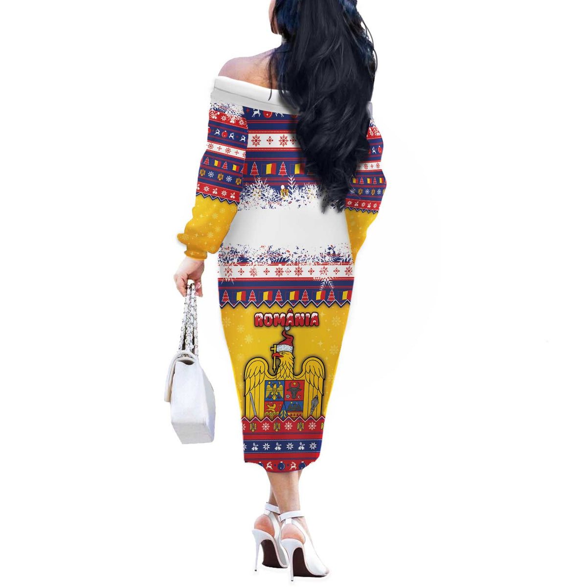 Romania Christmas Off The Shoulder Long Sleeve Dress Romanian Masked Santa - Wonder Print Shop