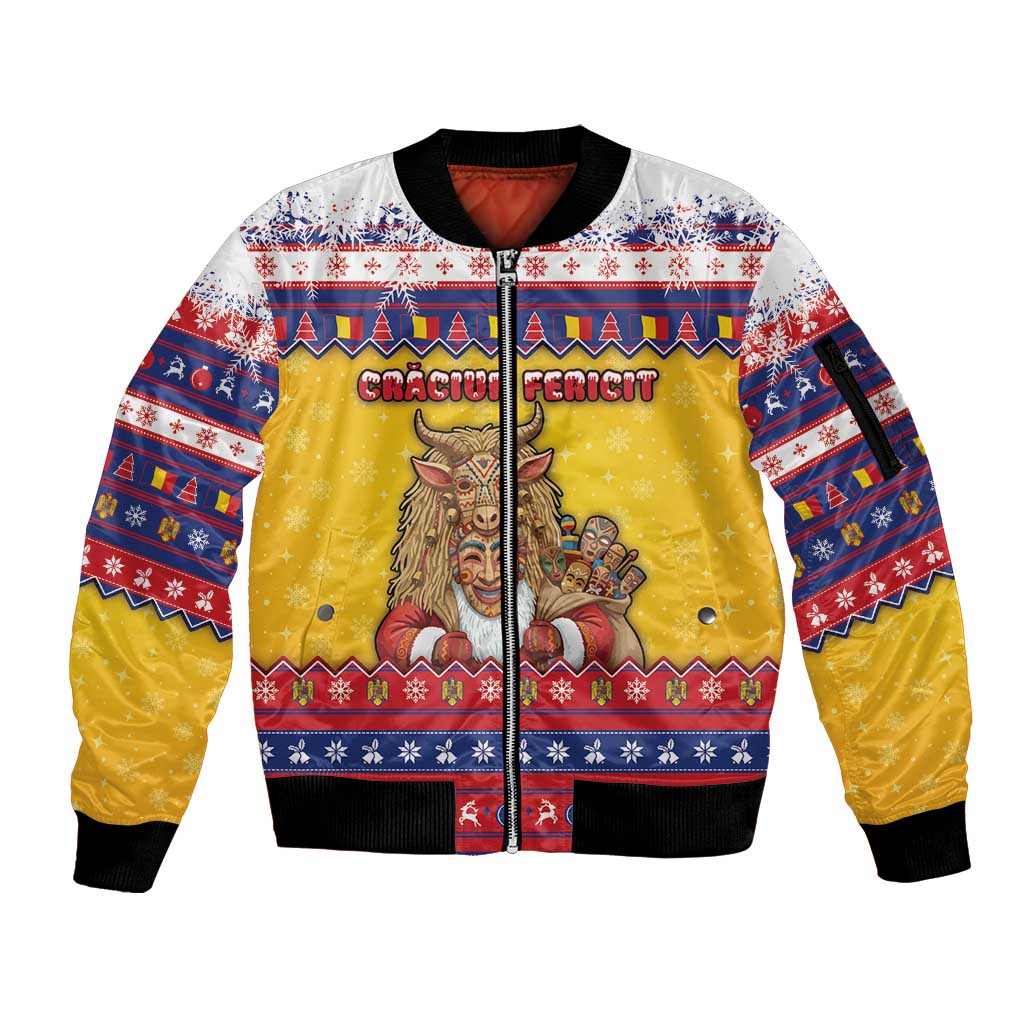 Romania Christmas Sleeve Zip Bomber Jacket Romanian Masked Santa - Wonder Print Shop