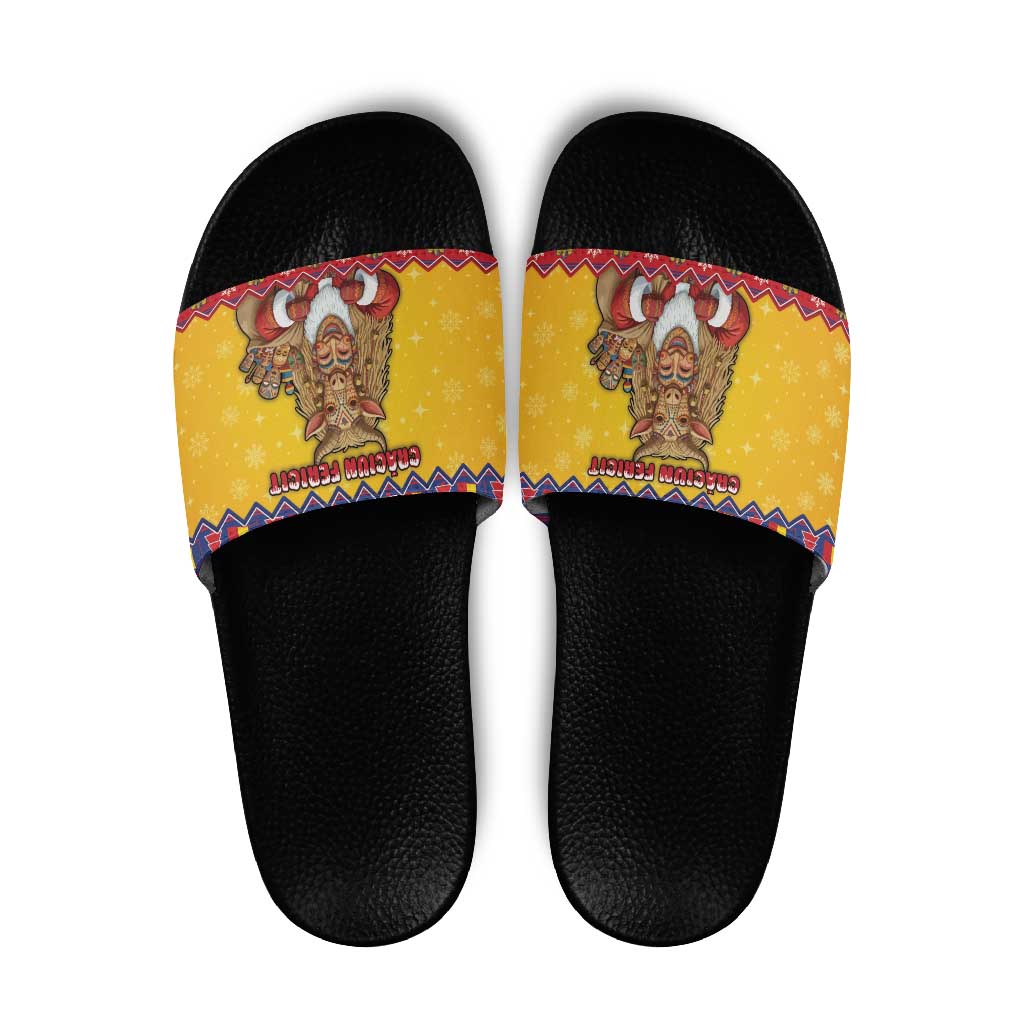 Romania Christmas Slide Sandals Romanian Masked Santa - Wonder Print Shop