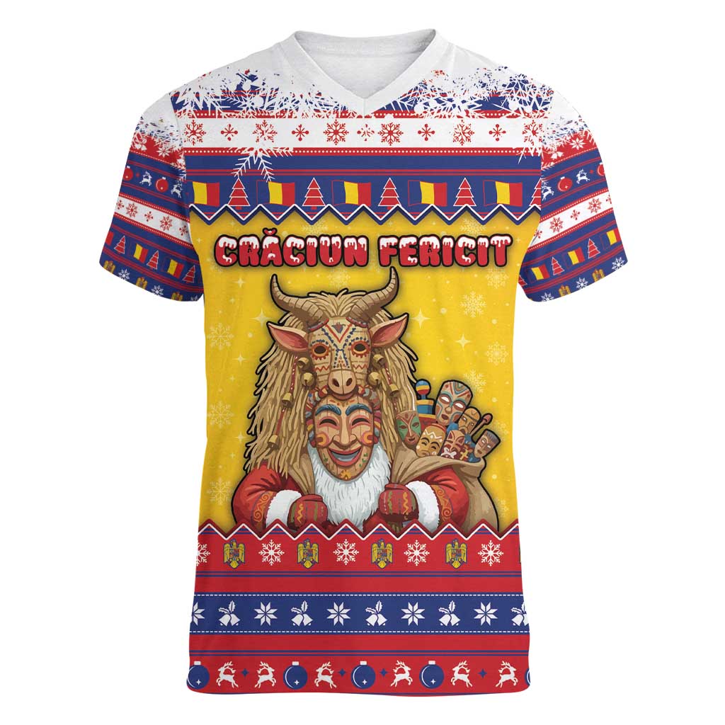Romania Christmas Women V-Neck T-Shirt Romanian Masked Santa - Wonder Print Shop