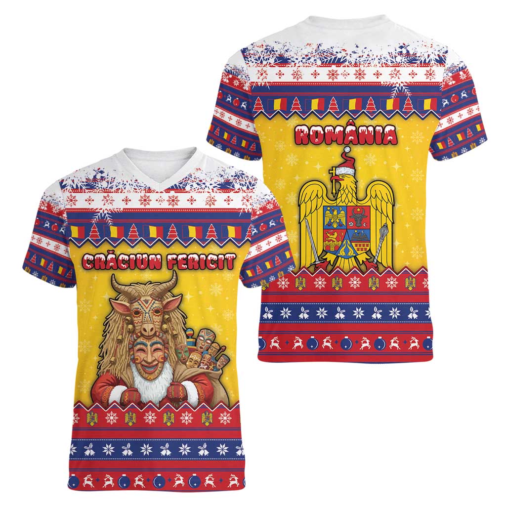 Romania Christmas Women V-Neck T-Shirt Romanian Masked Santa - Wonder Print Shop