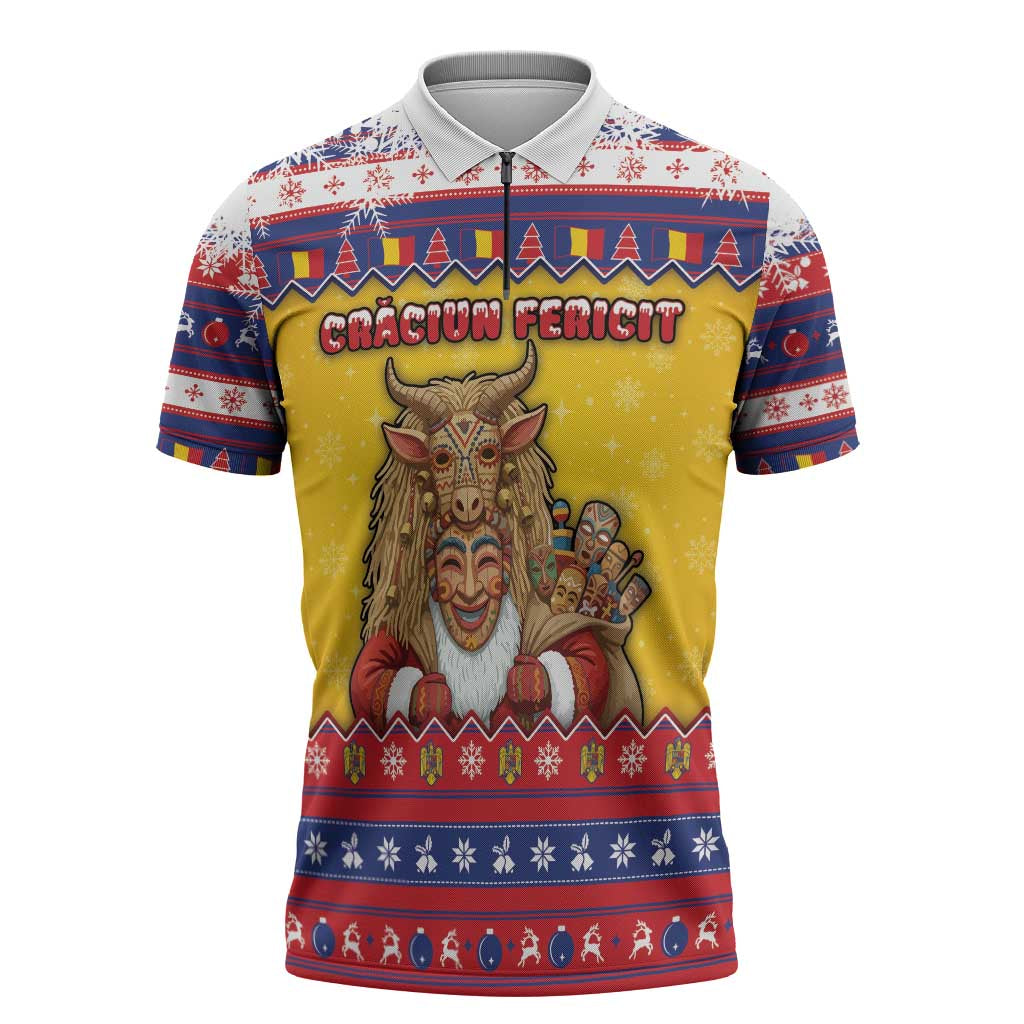 Romania Christmas Zipper Polo Shirt Romanian Masked Santa - Wonder Print Shop