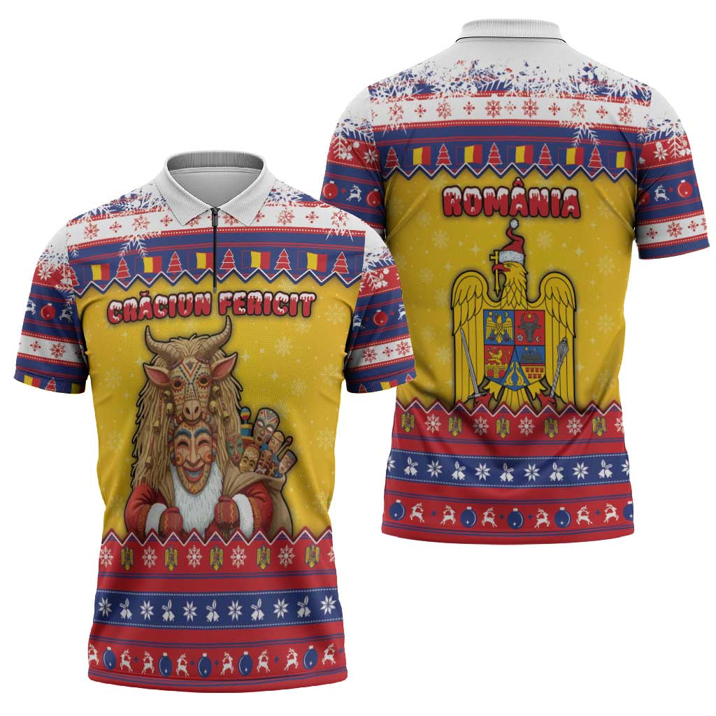 Romania Christmas Zipper Polo Shirt Romanian Masked Santa - Wonder Print Shop