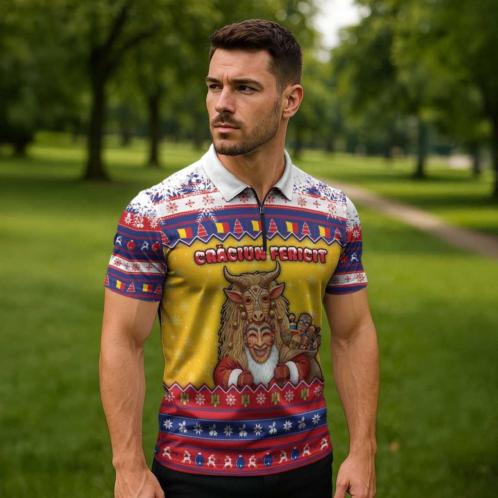 Romania Christmas Zipper Polo Shirt Romanian Masked Santa - Wonder Print Shop