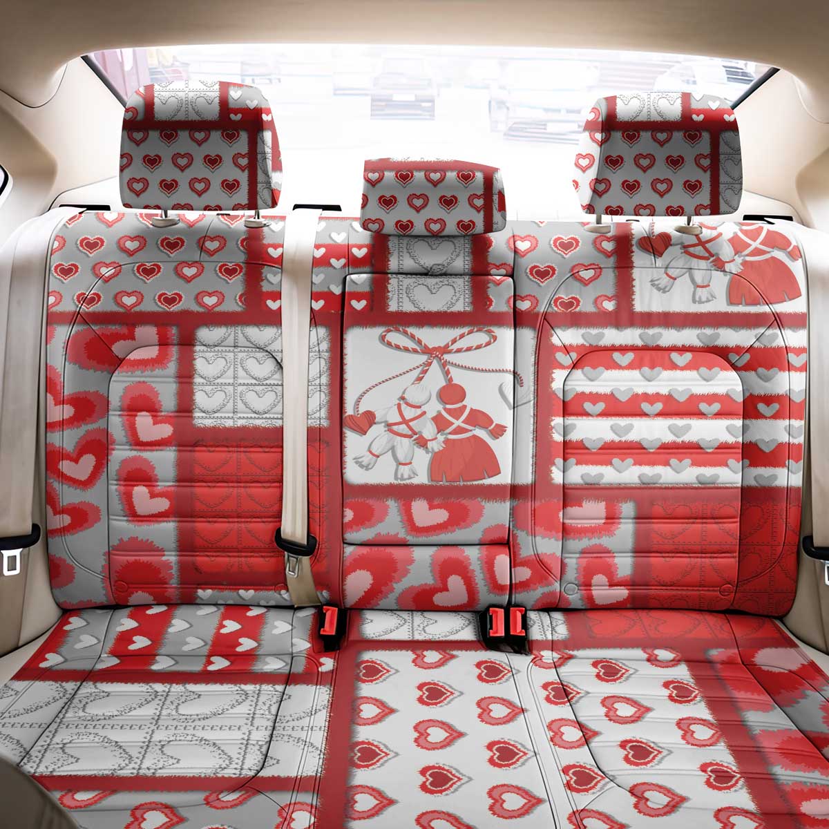 Romania Valentine's Day Back Car Seat Cover Martenitsi With Hearts Knitting Effect
