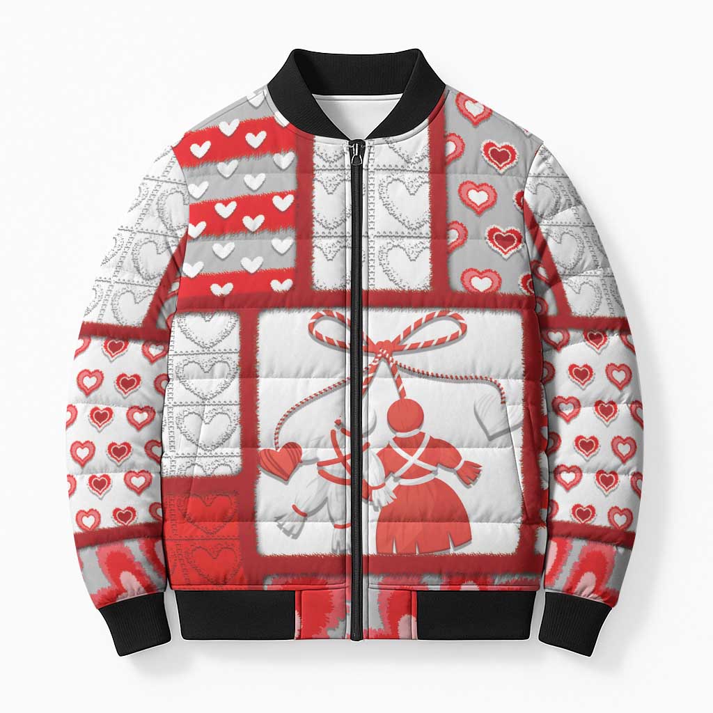 Personalized Romania Valentine's Day Bomber Puffer Jacket Martenitsi With Hearts Knitting Effect