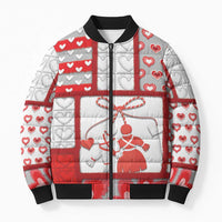 Personalized Romania Valentine's Day Bomber Puffer Jacket Martenitsi With Hearts Knitting Effect