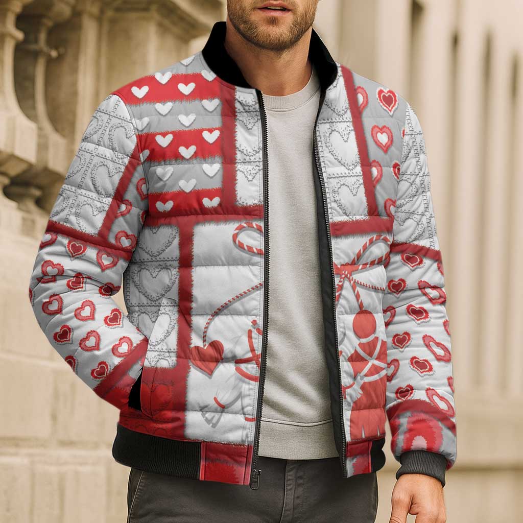 Personalized Romania Valentine's Day Bomber Puffer Jacket Martenitsi With Hearts Knitting Effect