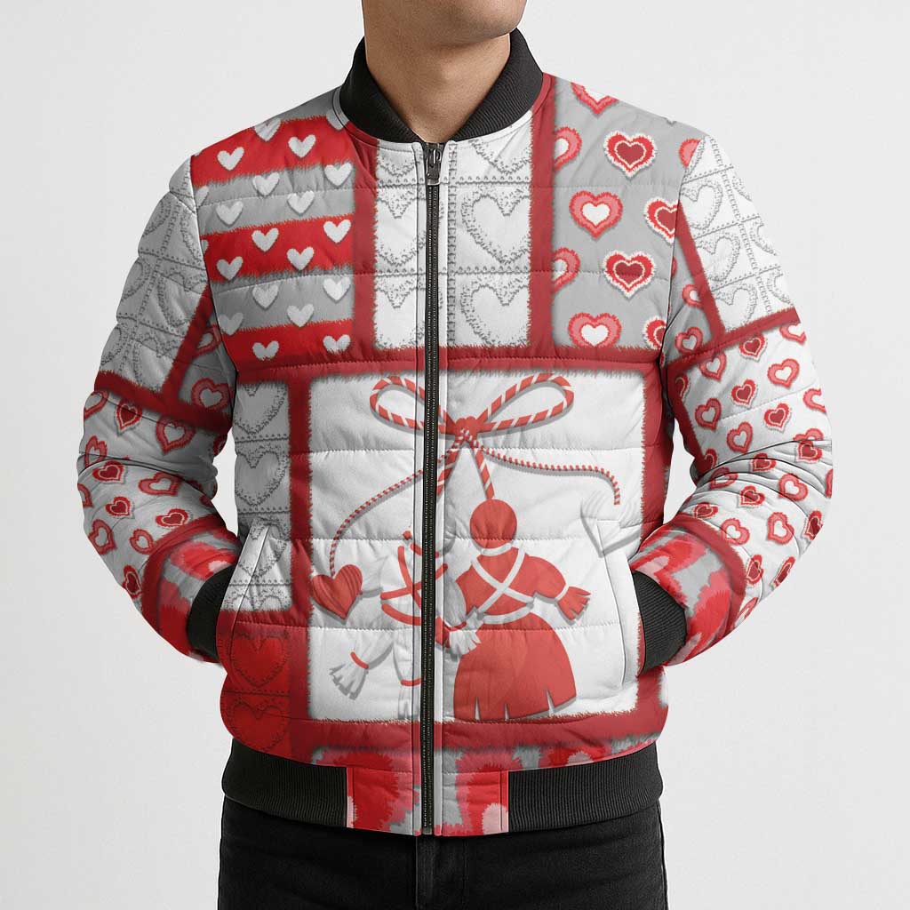 Personalized Romania Valentine's Day Bomber Puffer Jacket Martenitsi With Hearts Knitting Effect