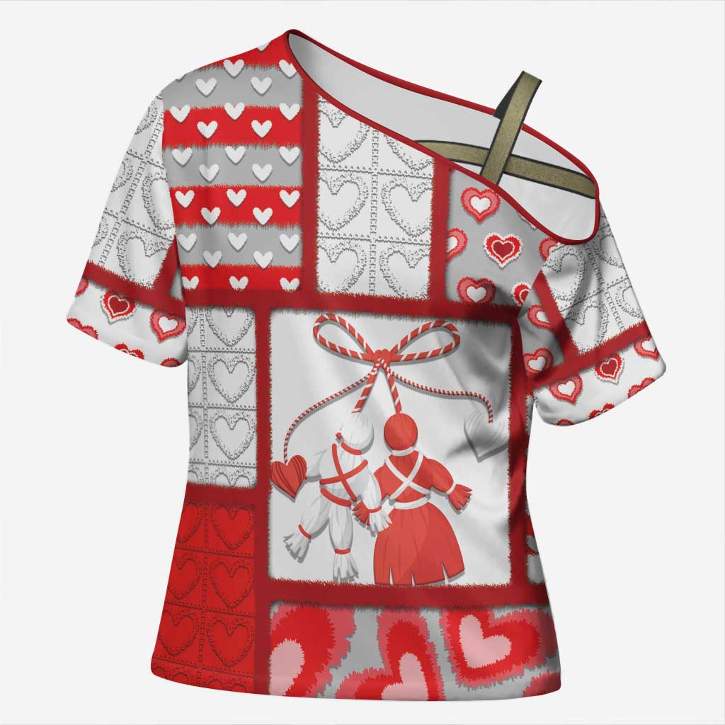 Personalized Romania Valentine's Day Cross Shoulder Shirt Martenitsi With Hearts Knitting Effect
