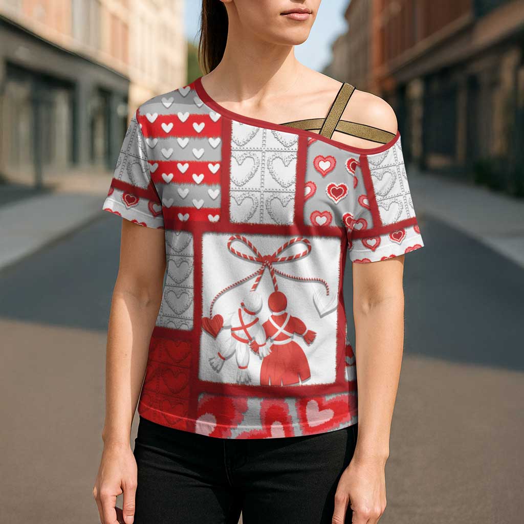 Personalized Romania Valentine's Day Cross Shoulder Shirt Martenitsi With Hearts Knitting Effect