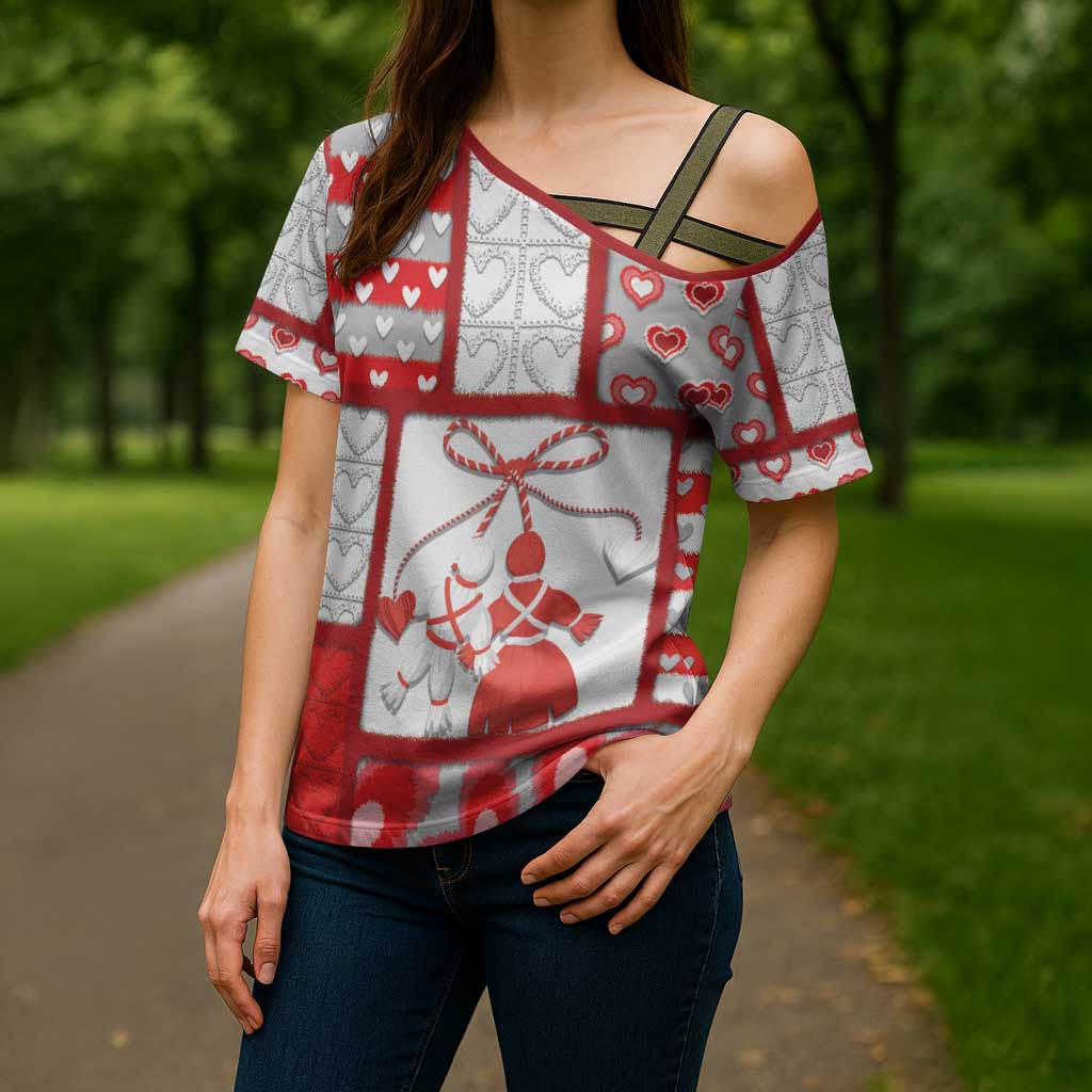 Personalized Romania Valentine's Day Cross Shoulder Shirt Martenitsi With Hearts Knitting Effect