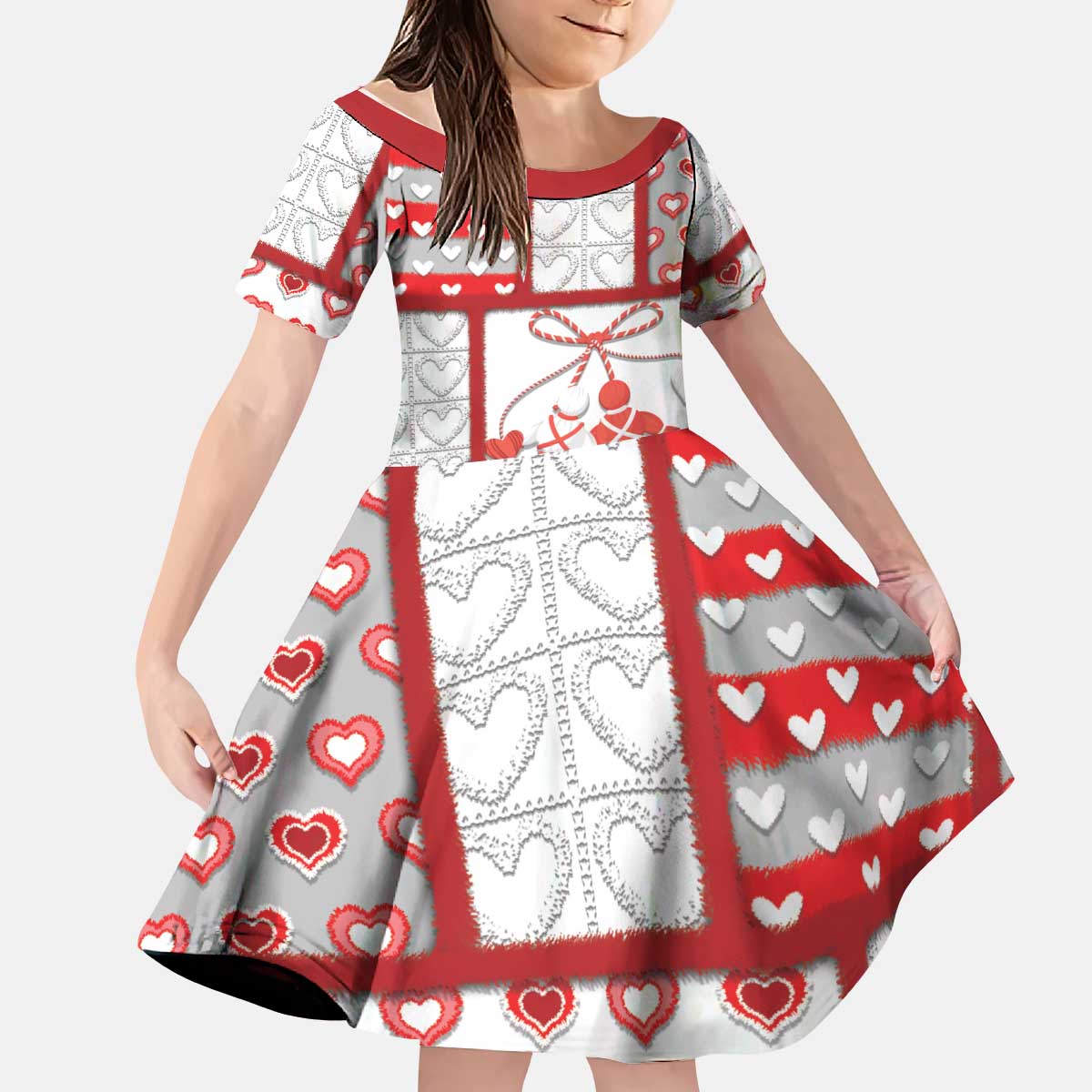 Personalized Romania Valentine's Day Kid Short Sleeve Dress Martenitsi With Hearts Knitting Effect