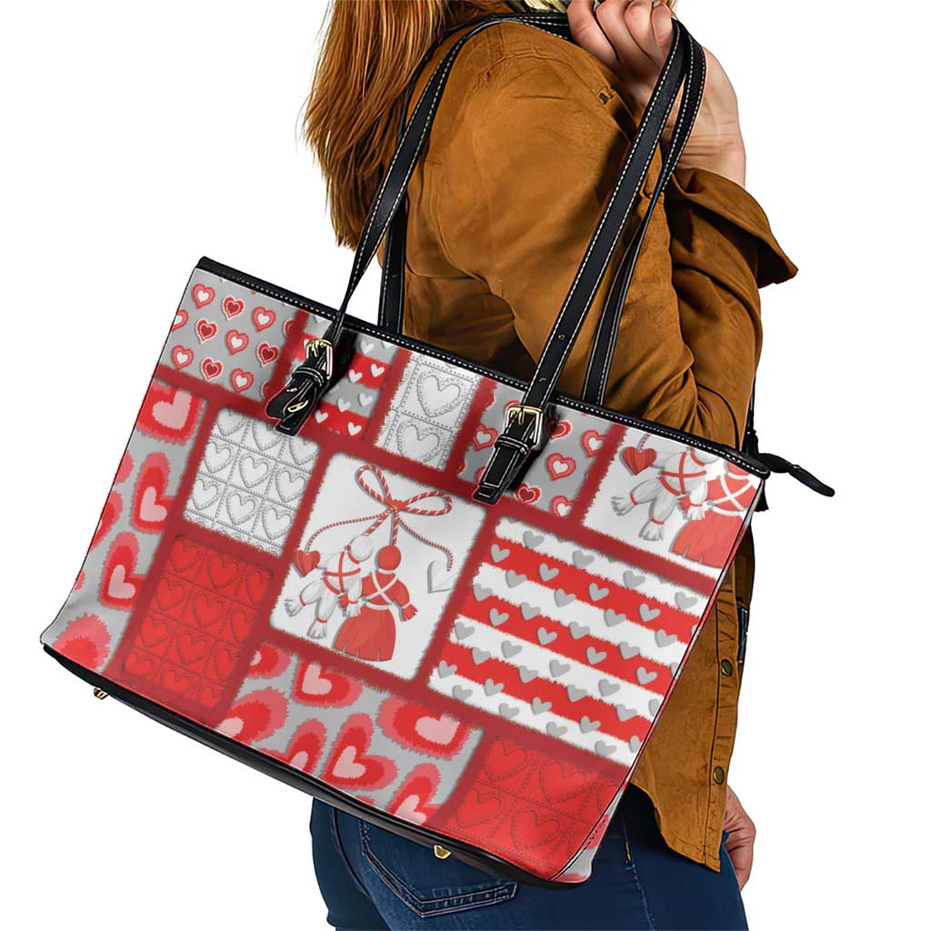 Romania Valentine's Day Leather Tote Bag Martenitsi With Hearts Knitting Effect