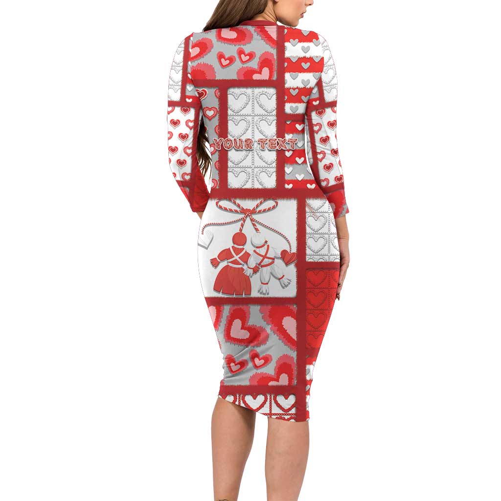Personalized Romania Valentine's Day Long Sleeve Bodycon Dress Martenitsi With Hearts Knitting Effect