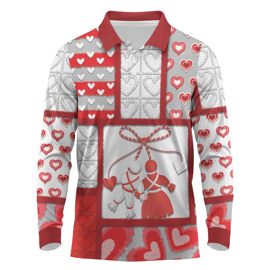 Personalized Romania Valentine's Day Long Sleeve Polo Shirt Martenitsi With Hearts Knitting Effect