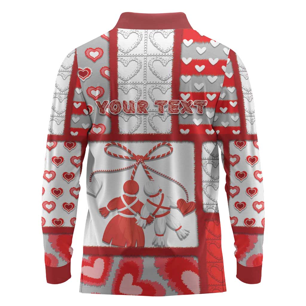 Personalized Romania Valentine's Day Long Sleeve Polo Shirt Martenitsi With Hearts Knitting Effect