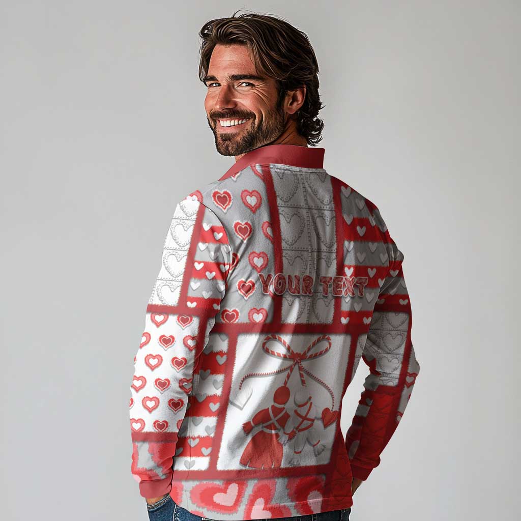 Personalized Romania Valentine's Day Long Sleeve Polo Shirt Martenitsi With Hearts Knitting Effect