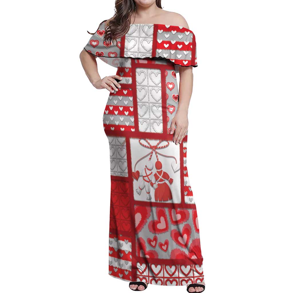 Personalized Romania Valentine's Day Off Shoulder Maxi Dress Martenitsi With Hearts Knitting Effect