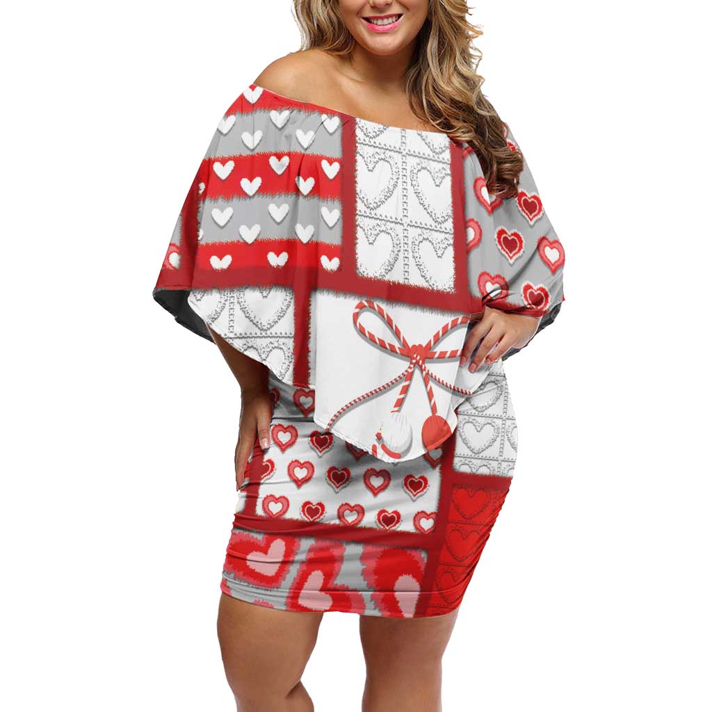 Personalized Romania Valentine's Day Off Shoulder Short Dress Martenitsi With Hearts Knitting Effect