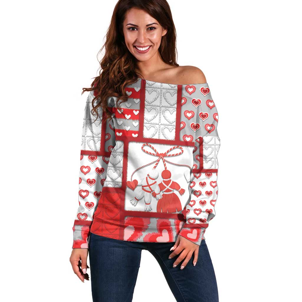 Personalized Romania Valentine's Day Off Shoulder Sweater Martenitsi With Hearts Knitting Effect
