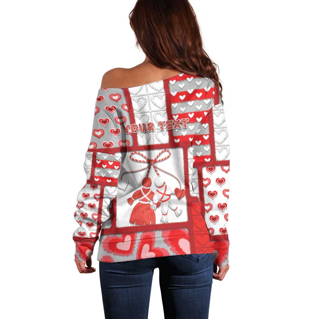 Personalized Romania Valentine's Day Off Shoulder Sweater Martenitsi With Hearts Knitting Effect