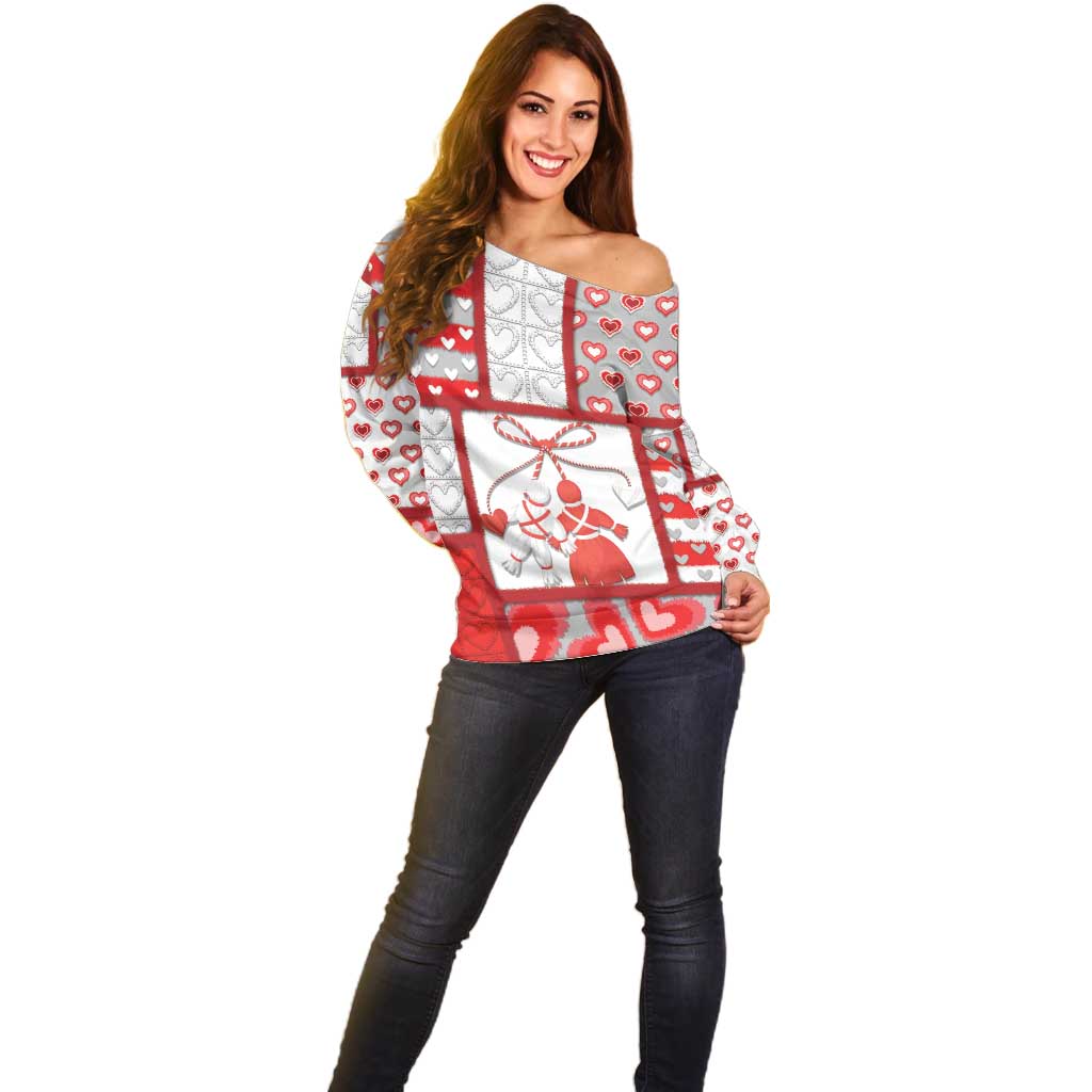 Personalized Romania Valentine's Day Off Shoulder Sweater Martenitsi With Hearts Knitting Effect