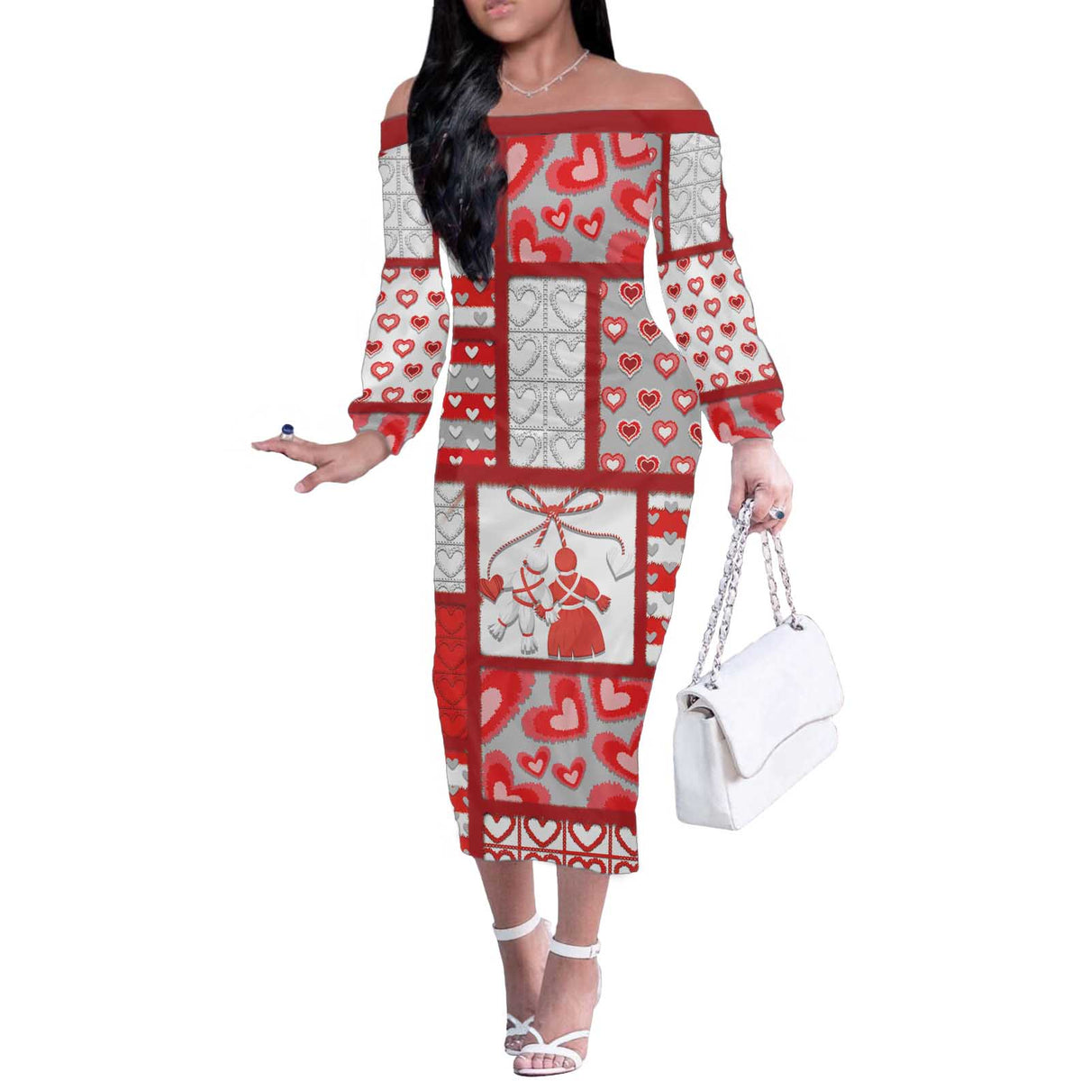 Personalized Romania Valentine's Day Off The Shoulder Long Sleeve Dress Martenitsi With Hearts Knitting Effect