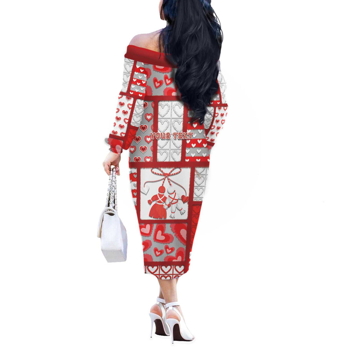 Personalized Romania Valentine's Day Off The Shoulder Long Sleeve Dress Martenitsi With Hearts Knitting Effect