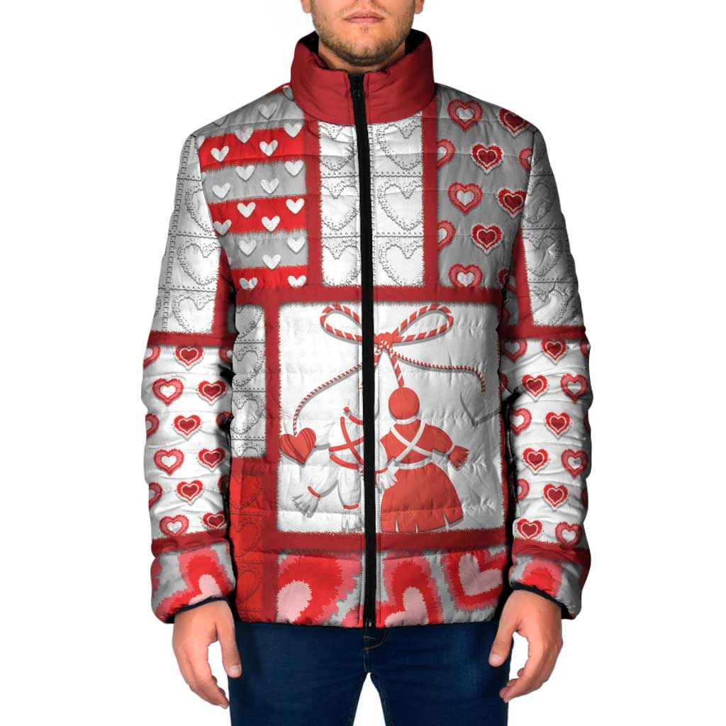 Personalized Romania Valentine's Day Padded Jacket Martenitsi With Hearts Knitting Effect