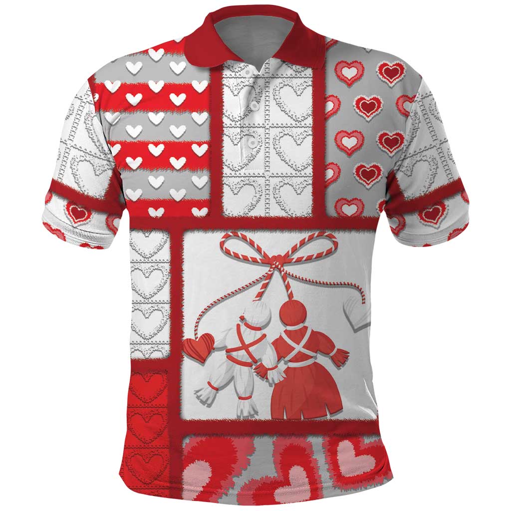 Personalized Romania Valentine's Day Polo Shirt Martenitsi With Hearts Knitting Effect