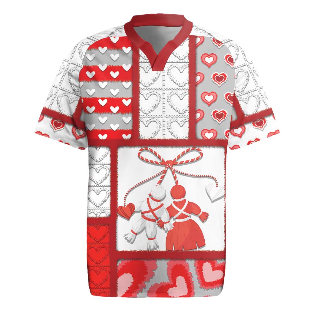 Personalized Romania Valentine's Day Rugby Jersey Martenitsi With Hearts Knitting Effect