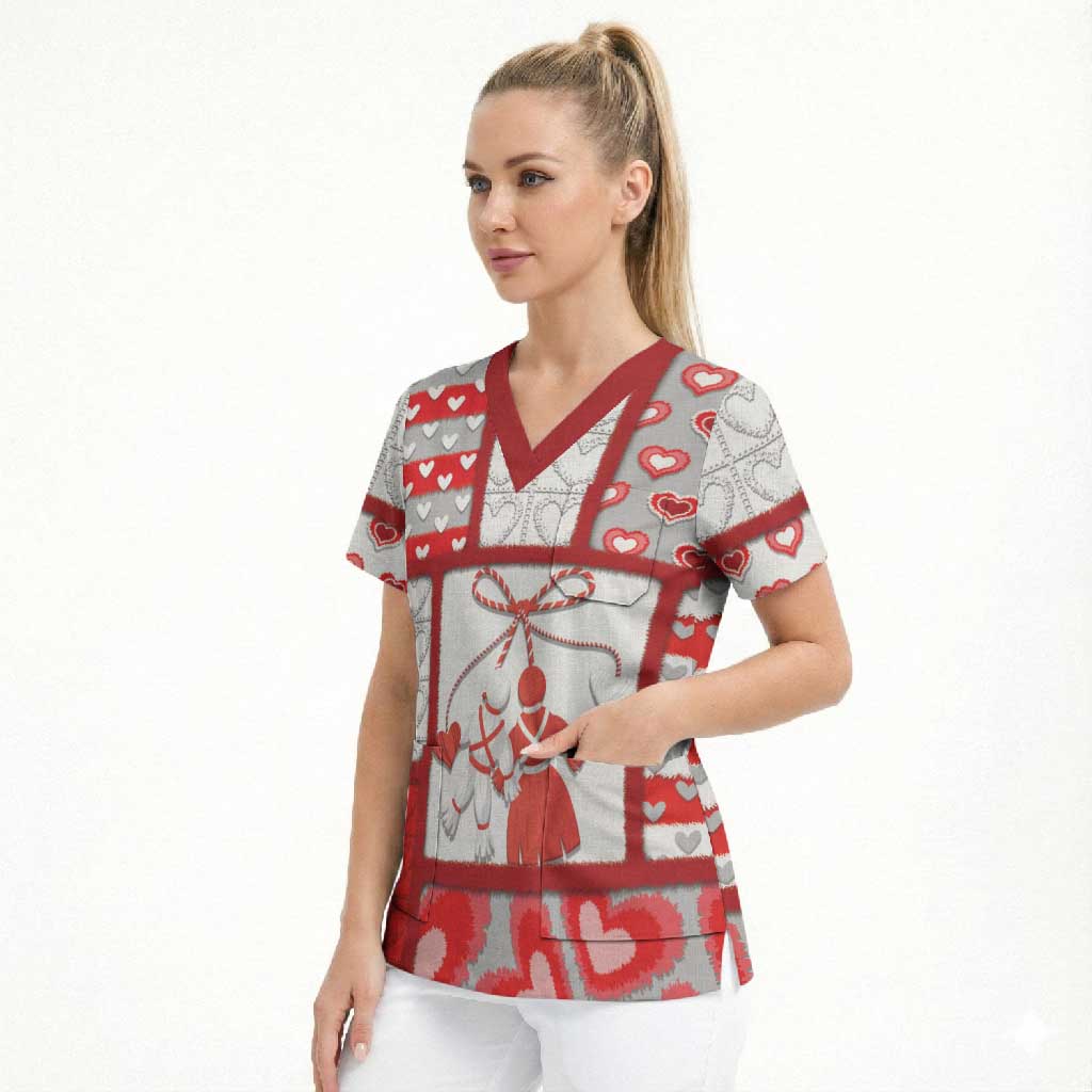 Personalized Romania Valentine's Day Scrub Top Martenitsi With Hearts Knitting Effect