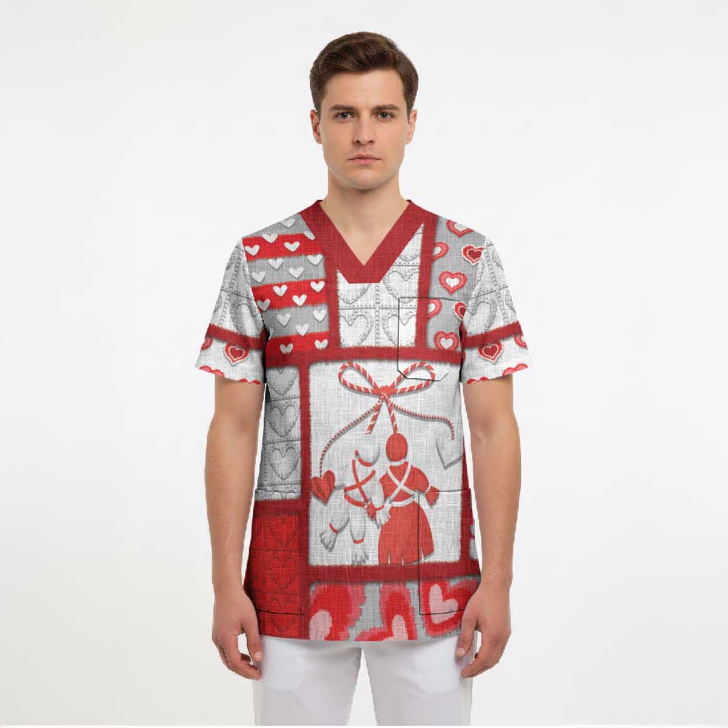 Personalized Romania Valentine's Day Scrub Top Martenitsi With Hearts Knitting Effect
