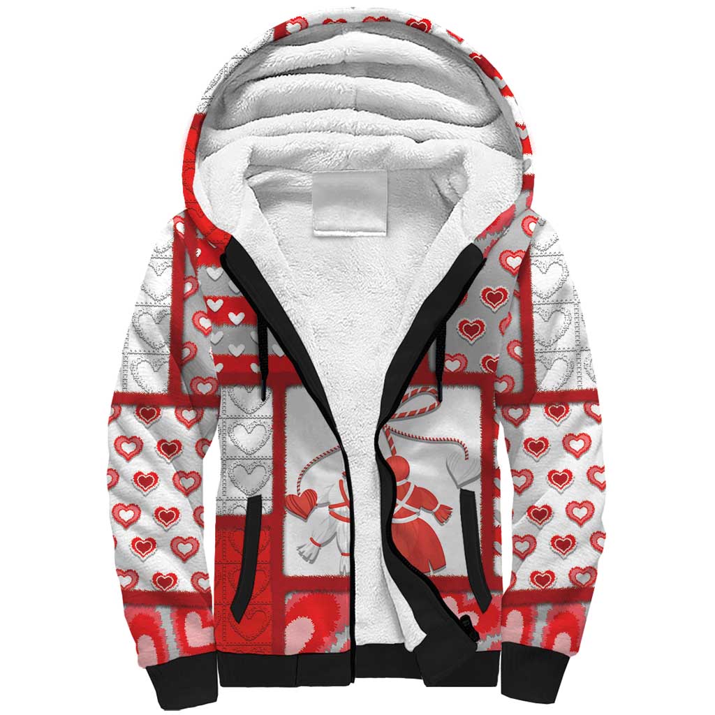 Personalized Romania Valentine's Day Sherpa Hoodie Martenitsi With Hearts Knitting Effect